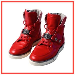 Versace Men's ‘Medusa’ High-Top Leather Sneakers w/ Hardware. Red, White. US 9